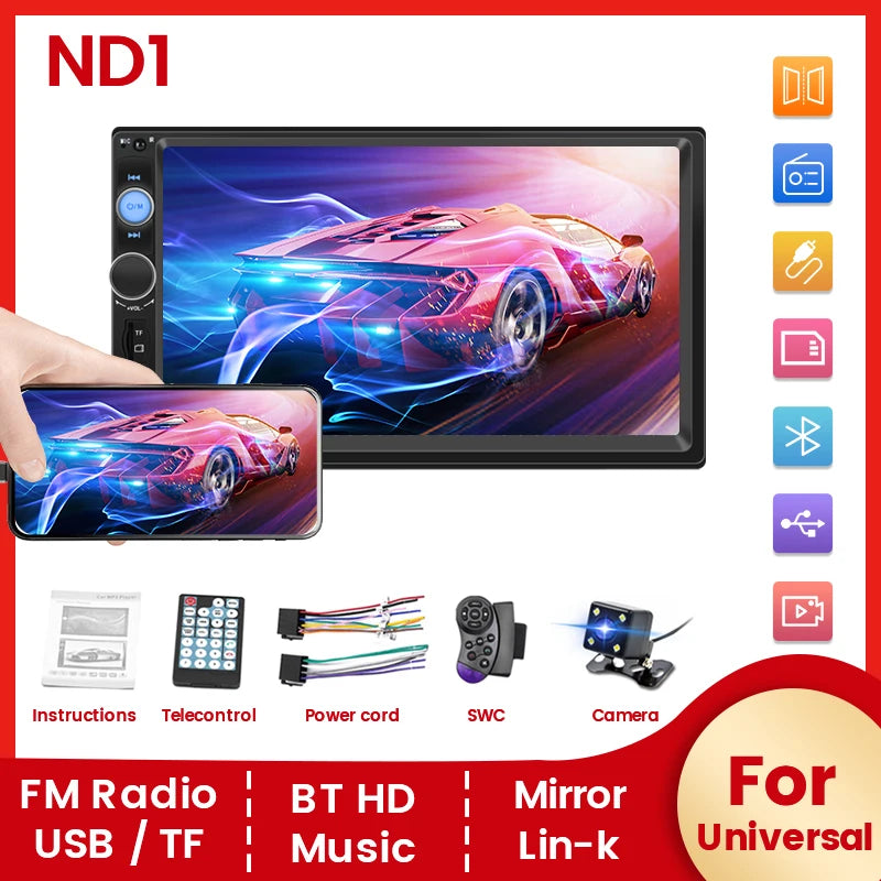 Sistema inteligente de tela sensível ao toque HD para carro Multimídia MP5 Player para câmera de ré com suporte universal SWC Mirror Link AUX-In