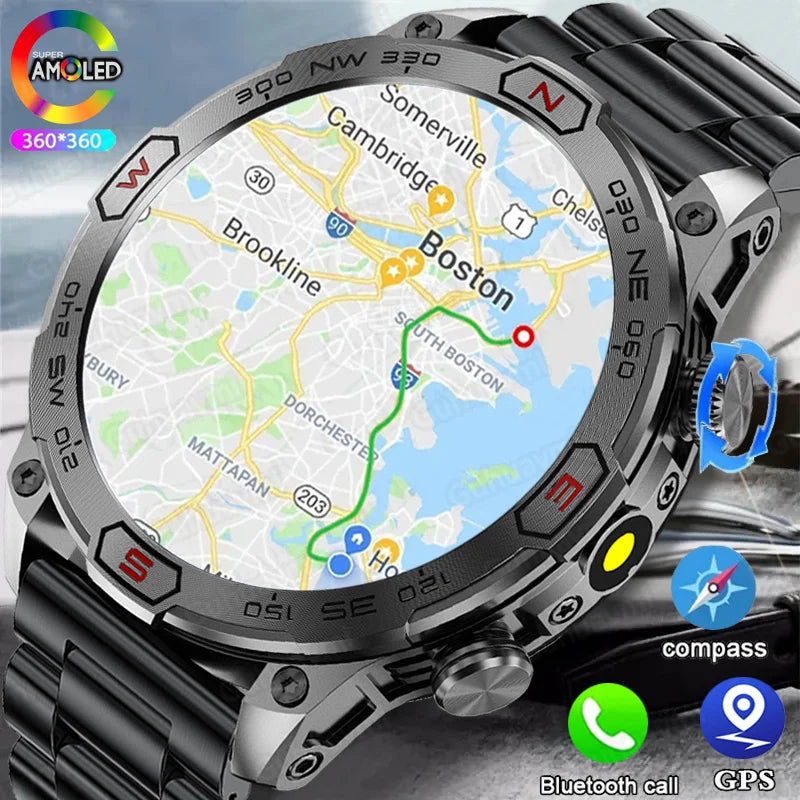 relógio inteligente militar para uso externo com GPS para homens com tela AMOLED HD Pressão arterial com frequência cardíaca Bluetooth Chamada à prova d'água Smartwatches