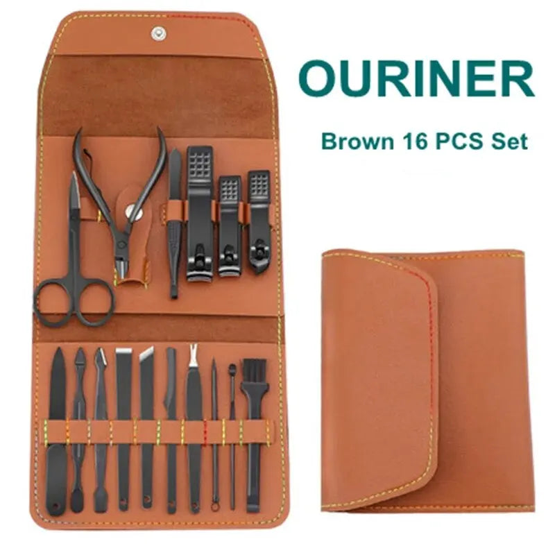 16PCS Conjunto de cortadores de unha marrons cortadores de unha de aço inoxidável com bolsa em couro dobrável kits de cortadores de manicure tesouras ferramentas de beleza para maquiagem