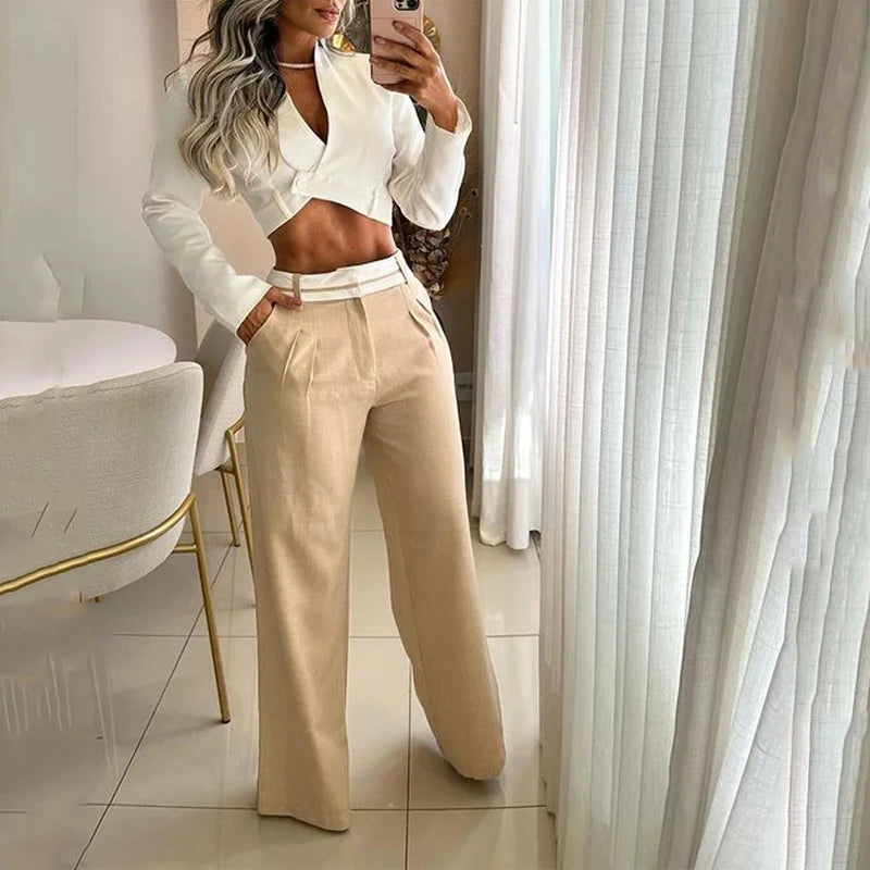 Conjunto de Duas Peças Escritório Moda Sólida Manga Longa Lapela Cintura Alta Top Curto Solto Com Bolsos Calças Conjuntos Streetwear
