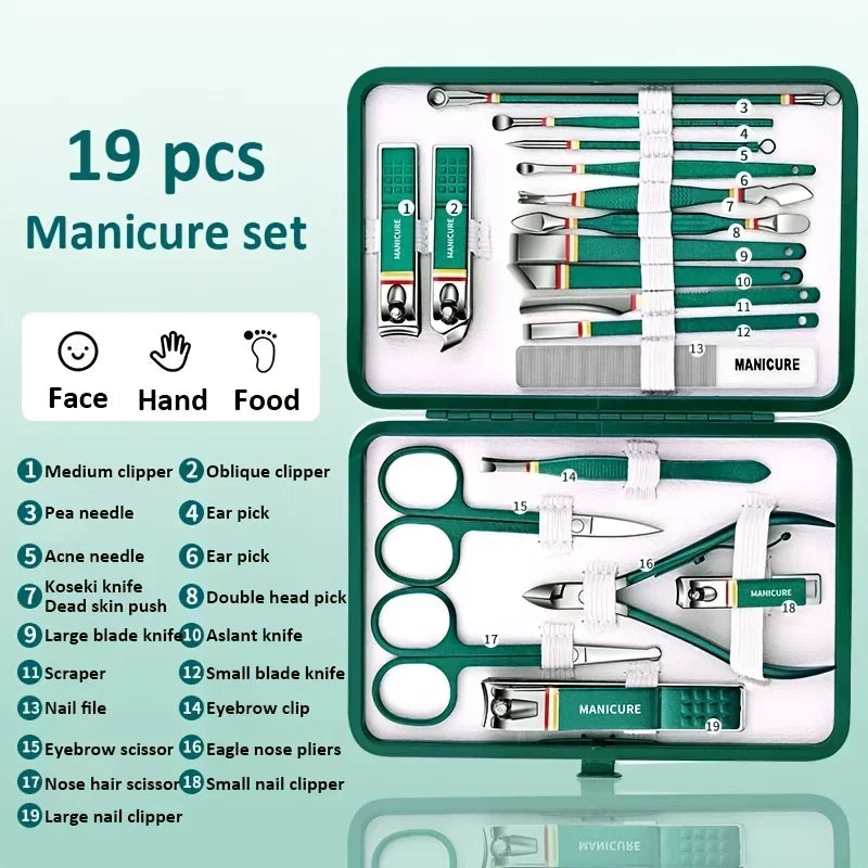 9-19pcs/set Conjunto de corta-unhas Conjunto de corta-unhas de aço inoxidável com saco dobrável Kits de manicura Tesoura Maquilhagem Ferramenta de beleza