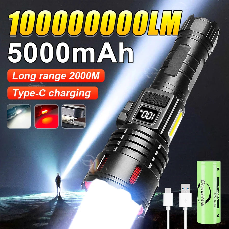Lanterna de LED recarregável de alta potência 1000000LM Trabalho 26H Iluminação 2000M Lanterna de LED ultrapoderosa com lanterna magnética