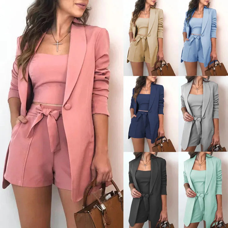 3pcs/Conjunto de roupas de escritório para mulheres Blazer de manga comprida Conjunto de blazer de cor sólida para mulheres Casaco, shorts e colete Conjunto de roupas de verão sexy para mulheres