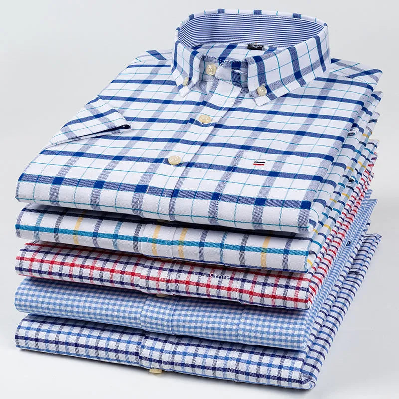 2023 100% Algodão Puro Homens Oxford Manga Curta Colarinho Quadrado Xadrez Suave Listrado verão Camisas Casuais Bolso Único
