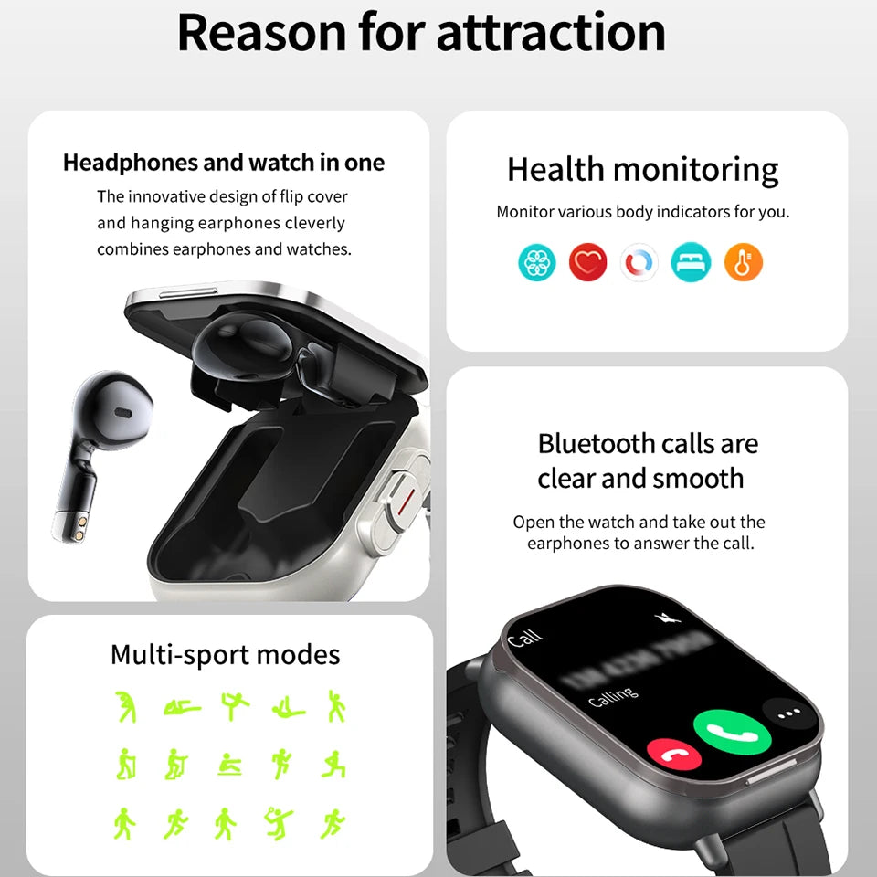 2024 Novo Smartwatch Earbuds 2 em 1 Fones de ouvido Bluetooth TWS sem fio para chamadas à prova d'água para pressão arterial Esportes Homens Mulheres Presente