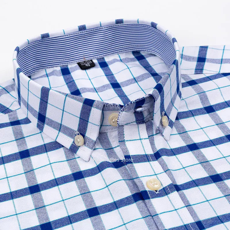 2023 100% Algodão Puro Homens Oxford Manga Curta Colarinho Quadrado Xadrez Suave Listrado verão Camisas Casuais Bolso Único